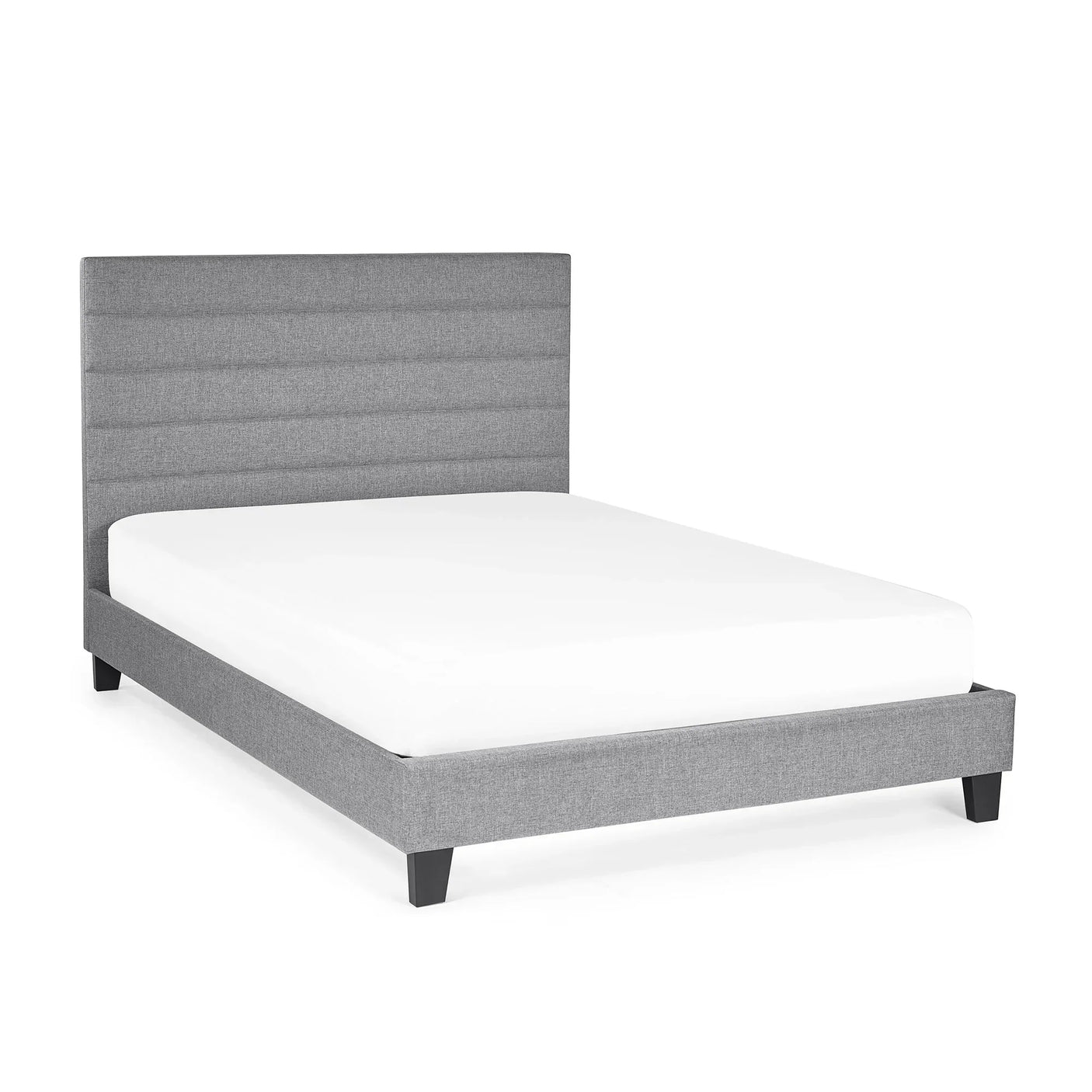 Grey upholstered bed frame with horizontal panel headboard and black legs, angled view