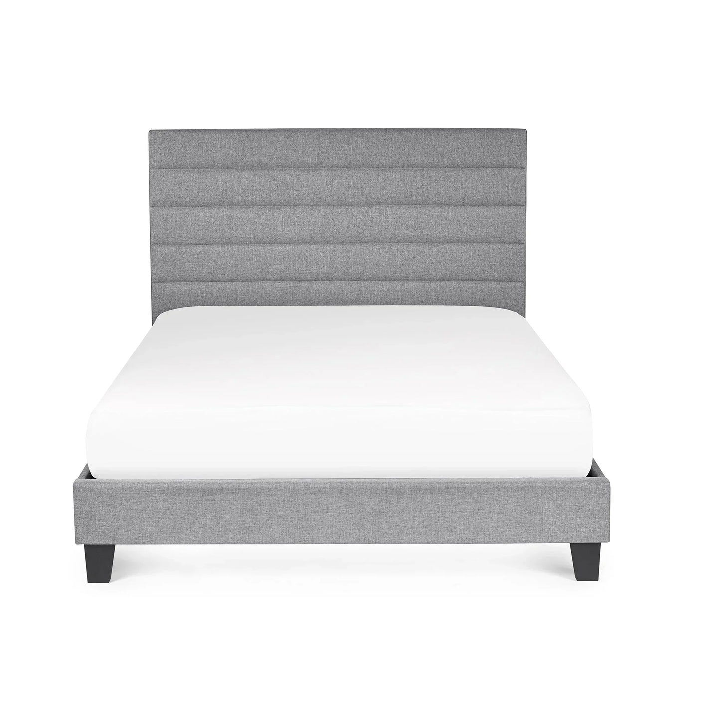 Grey fabric bed frame with horizontal panel headboard and black feet, front view