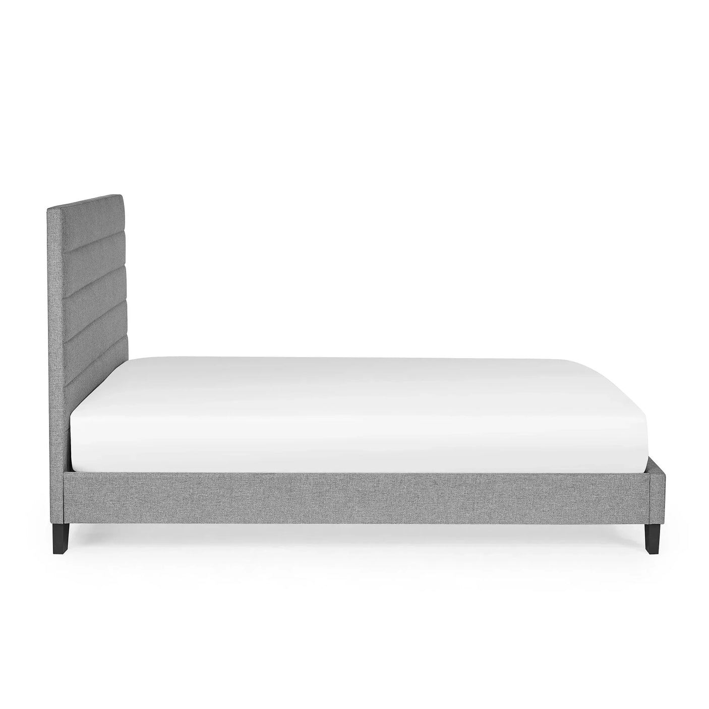Grey upholstered bed frame with horizontal panel headboard, side view