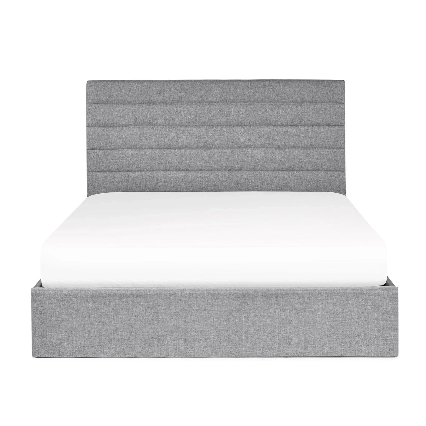 Grey upholstered storage bed with horizontal panelled headboard, front view