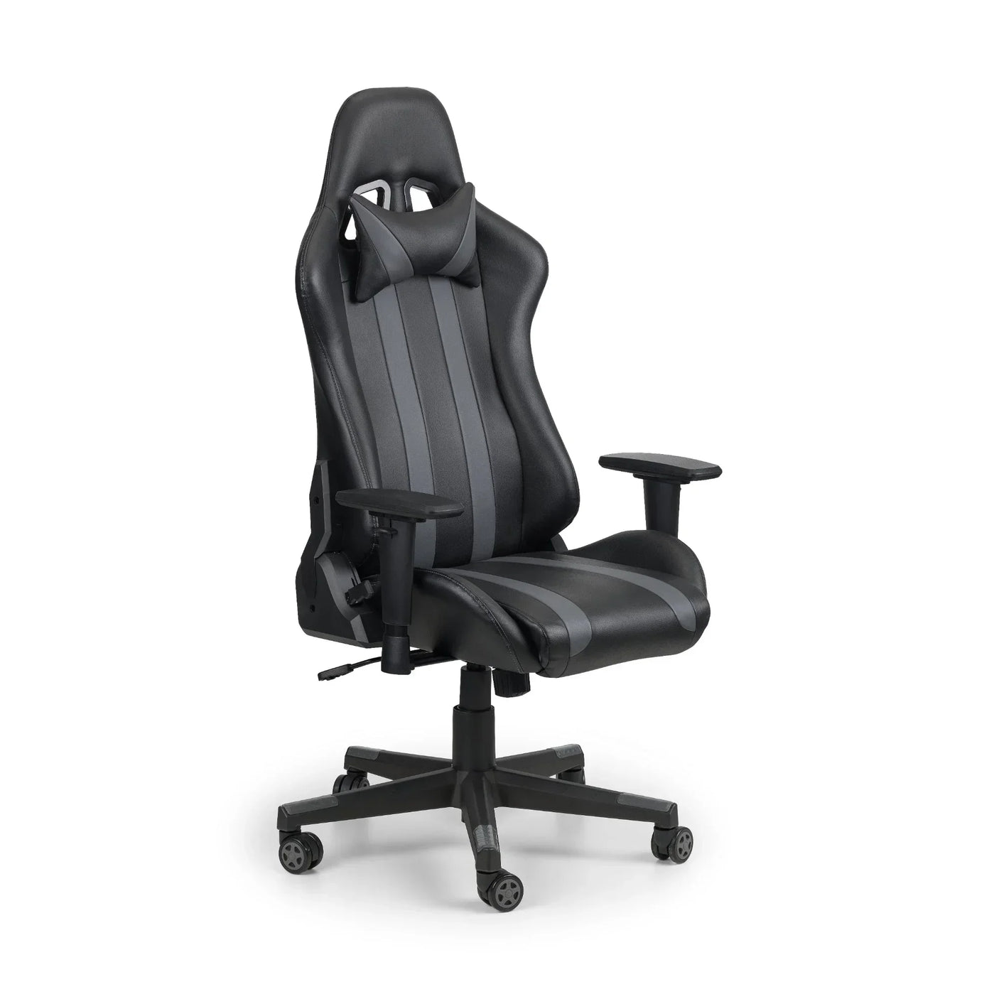 Black and grey gaming chair with high back, armrests, and adjustable headrest on wheels