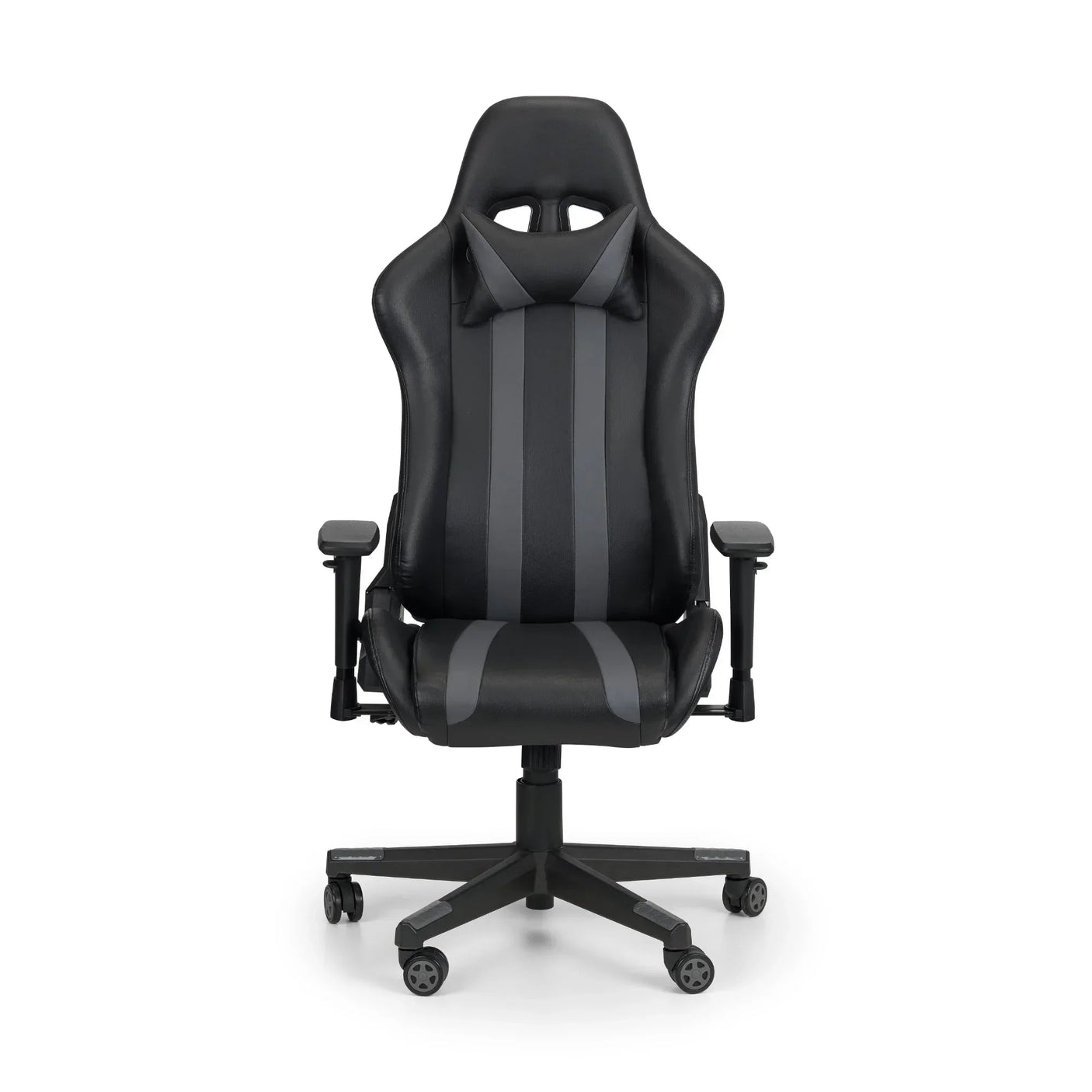 Black and grey gaming chair with adjustable armrests and headrest, front view