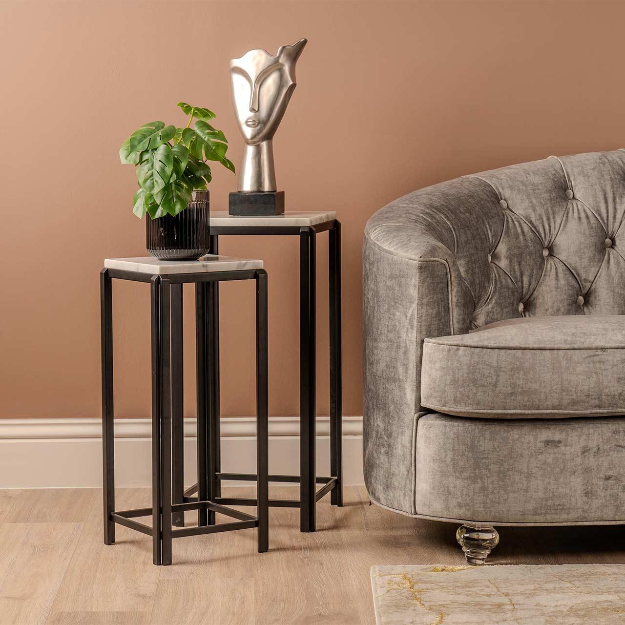 Set Of 2 Lena White Marble End Table With Black Metal Legs