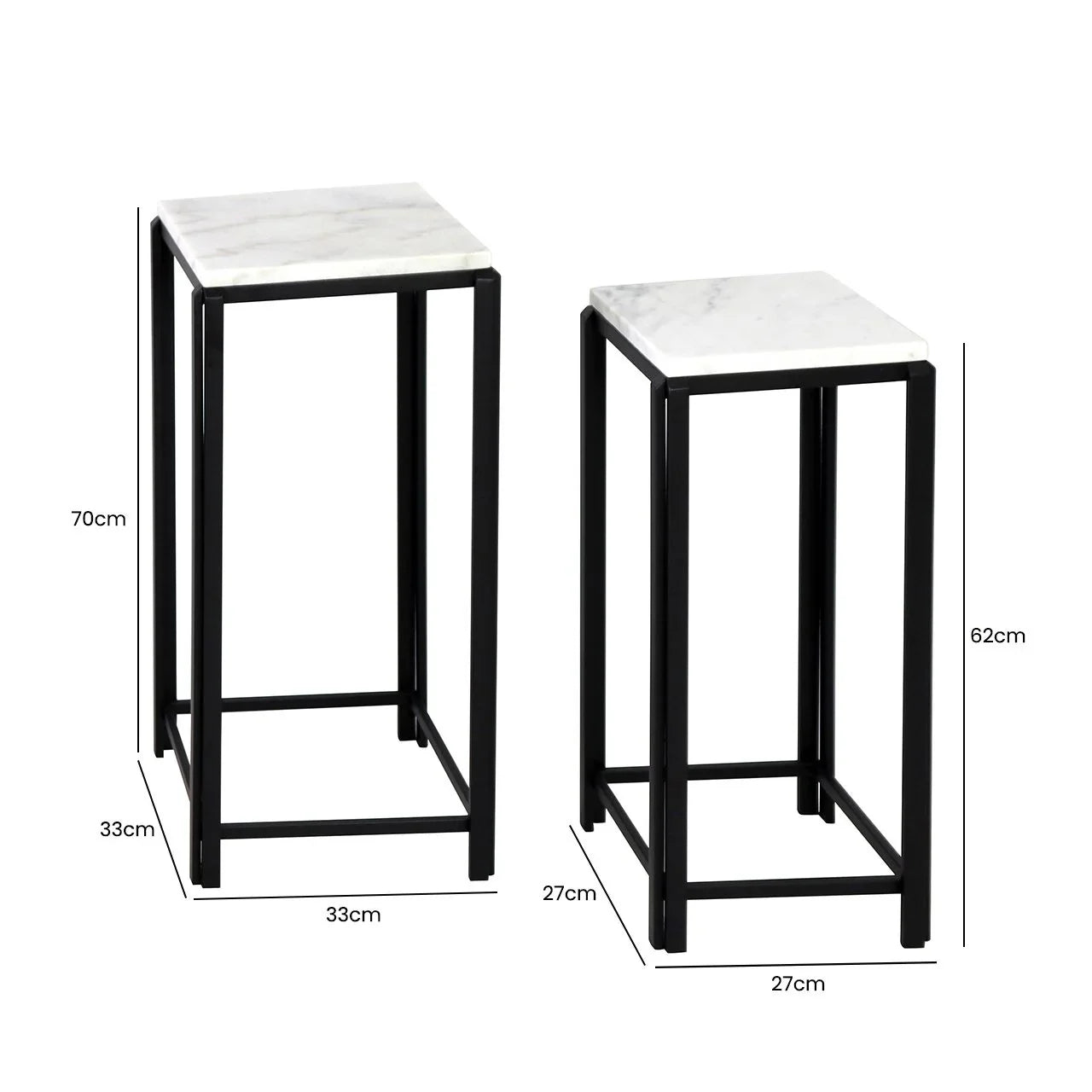 Set Of 2 Lena White Marble End Table With Black Metal Legs