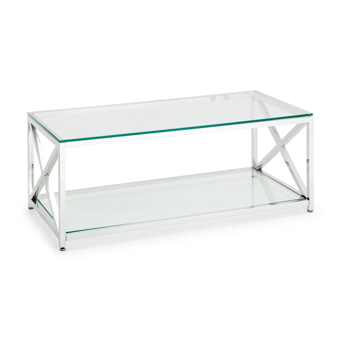 Glass coffee table with chrome frame and lower shelf, rectangular shape, modern design