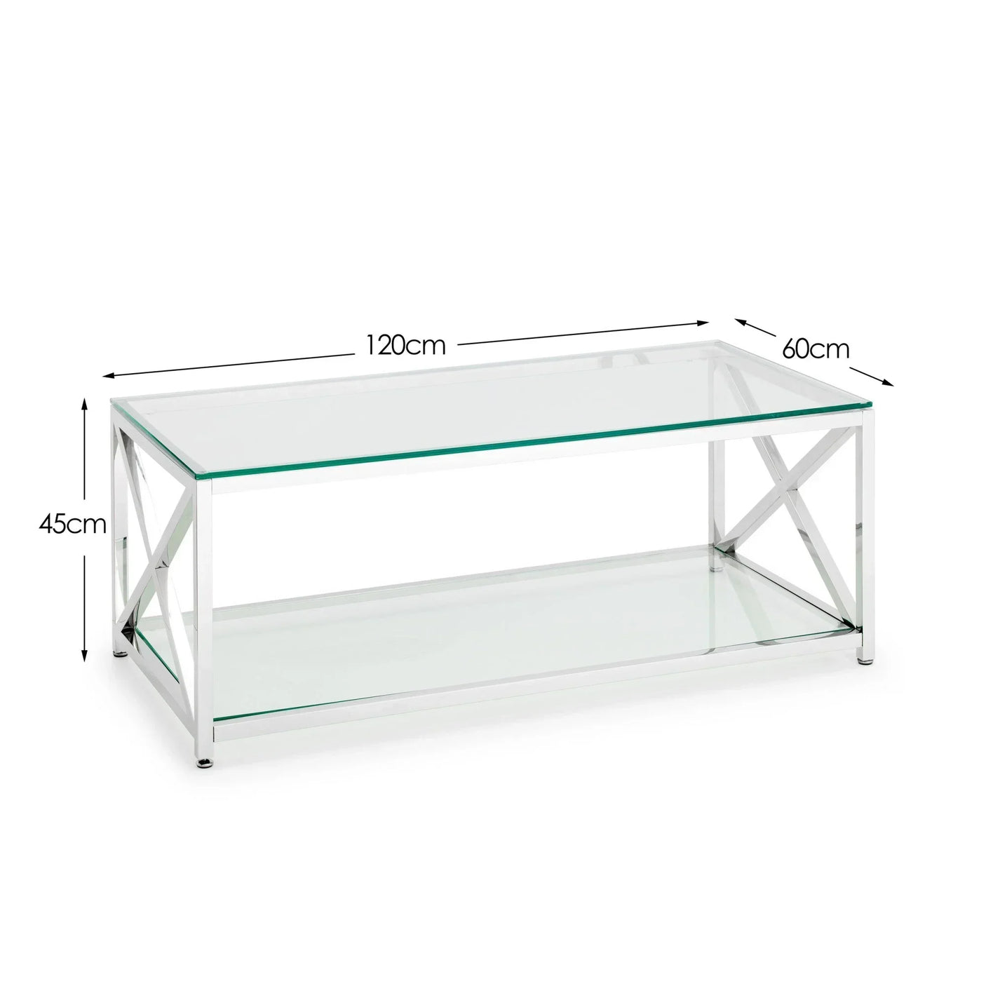 Glass coffee table with chrome frame, two tiers, dimensions 120cm x 60cm x 45cm