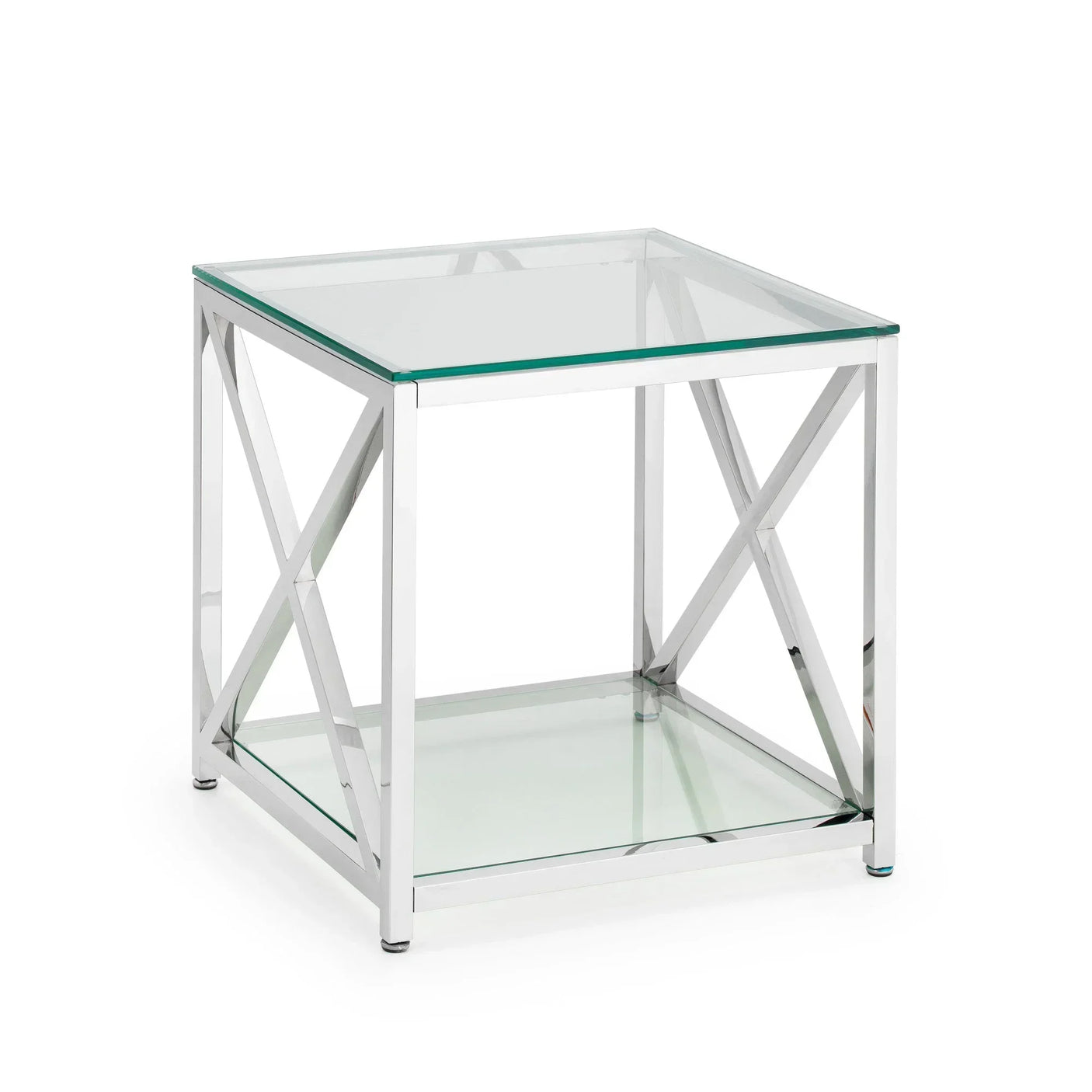 Square glass side table with chrome metal frame and lower shelf