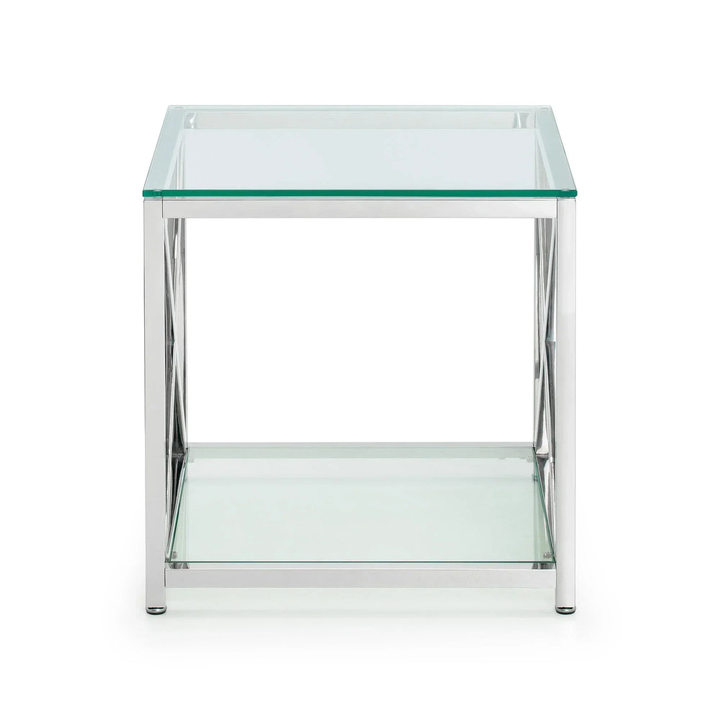 Glass top side table with chrome metal frame and lower glass shelf, front view