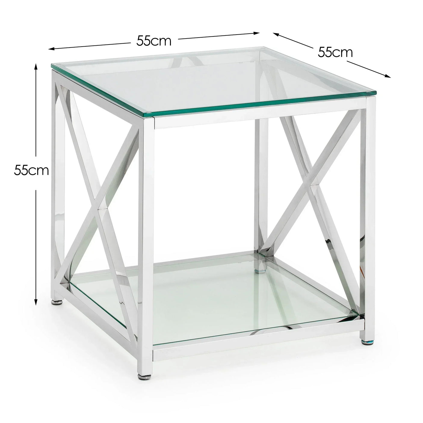 Glass side table with chrome metal frame, X design, 55cm square with lower glass shelf