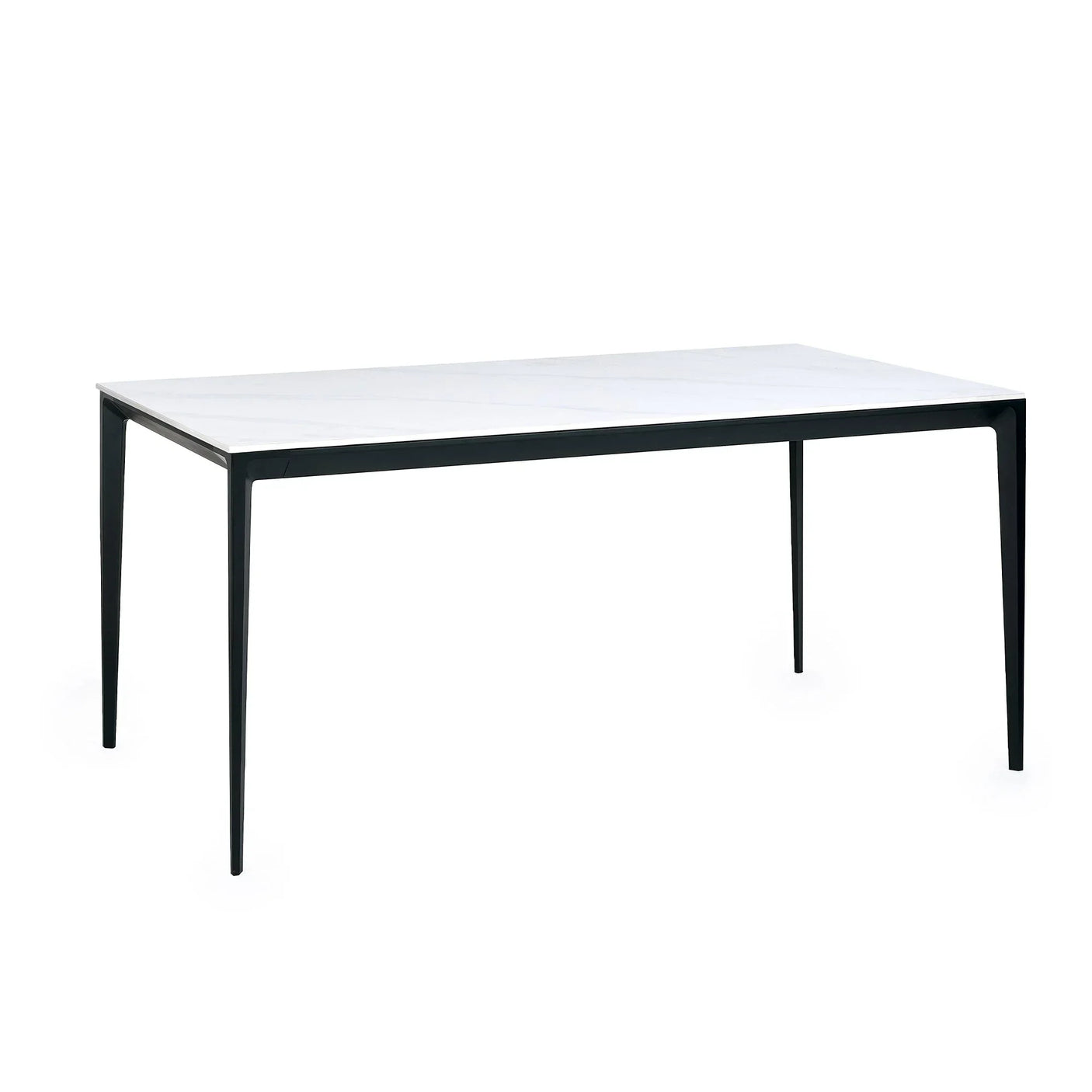 Rectangular dining table with white marble top and slim black legs on white background