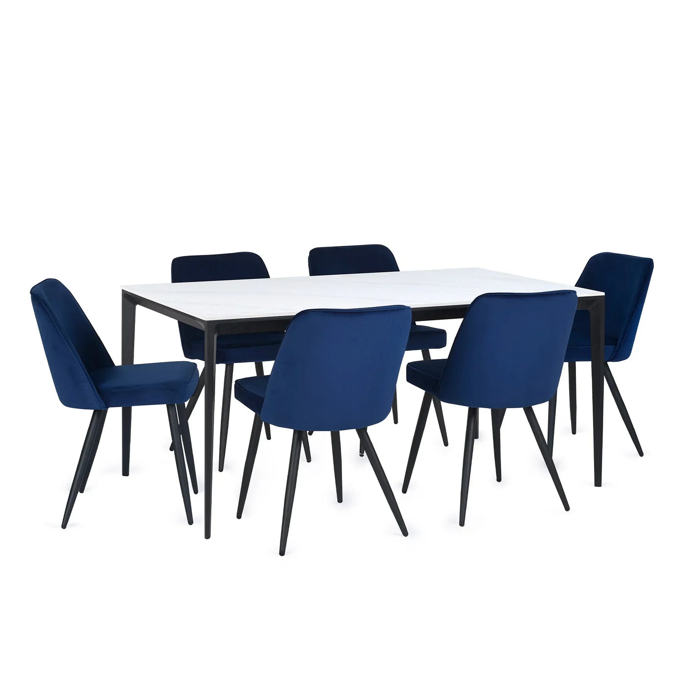 Rectangular stone top dining table with white marble finish and six blue upholstered chairs
