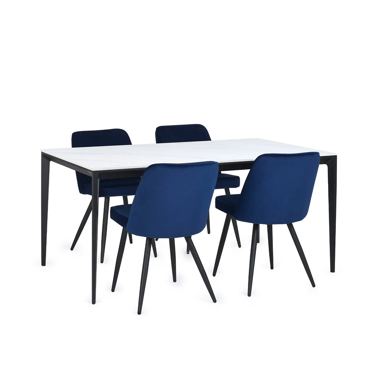 rectangular stone top dining table with white marble finish and four blue velvet chairs