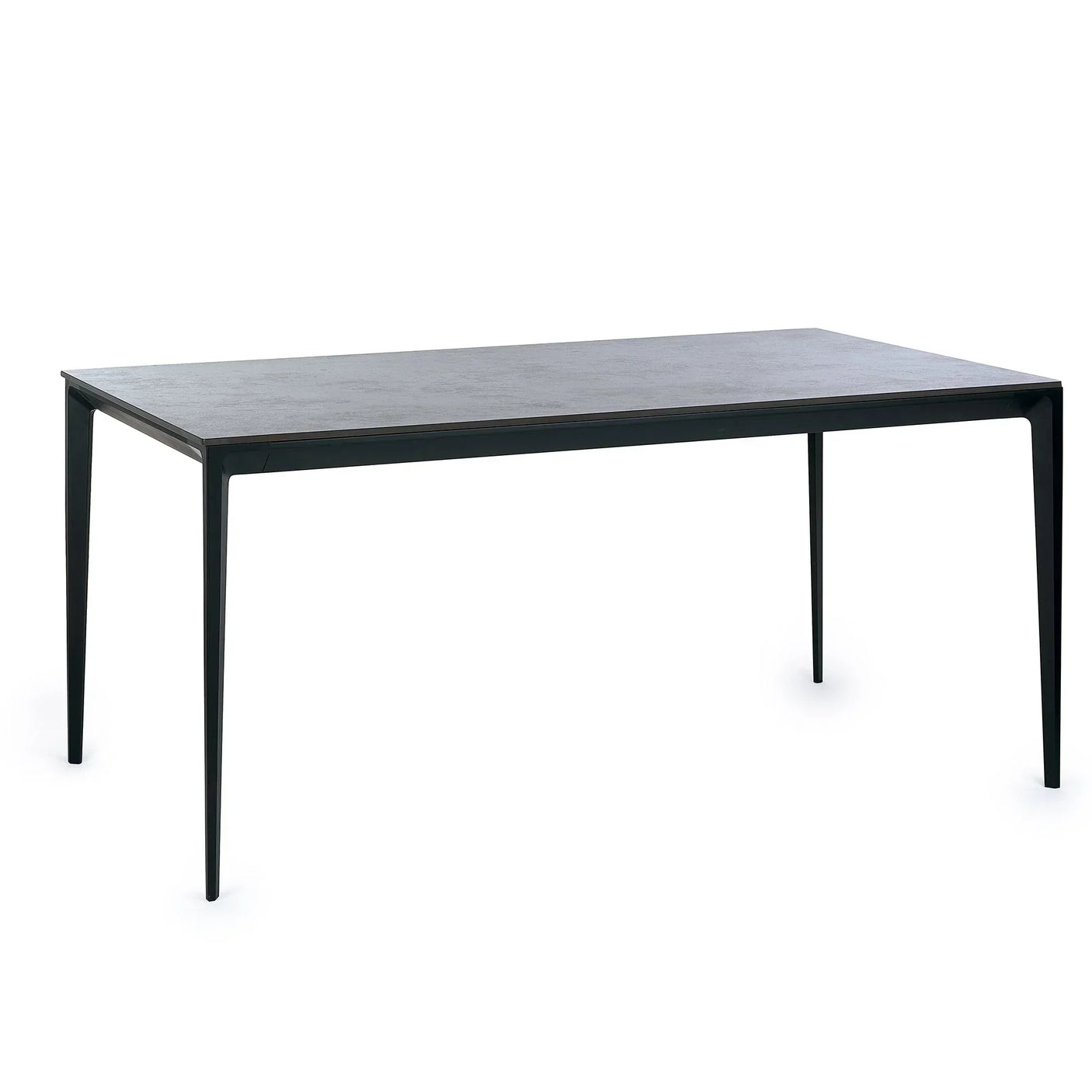 Rectangular stone top dining table with slim black metal legs on white background