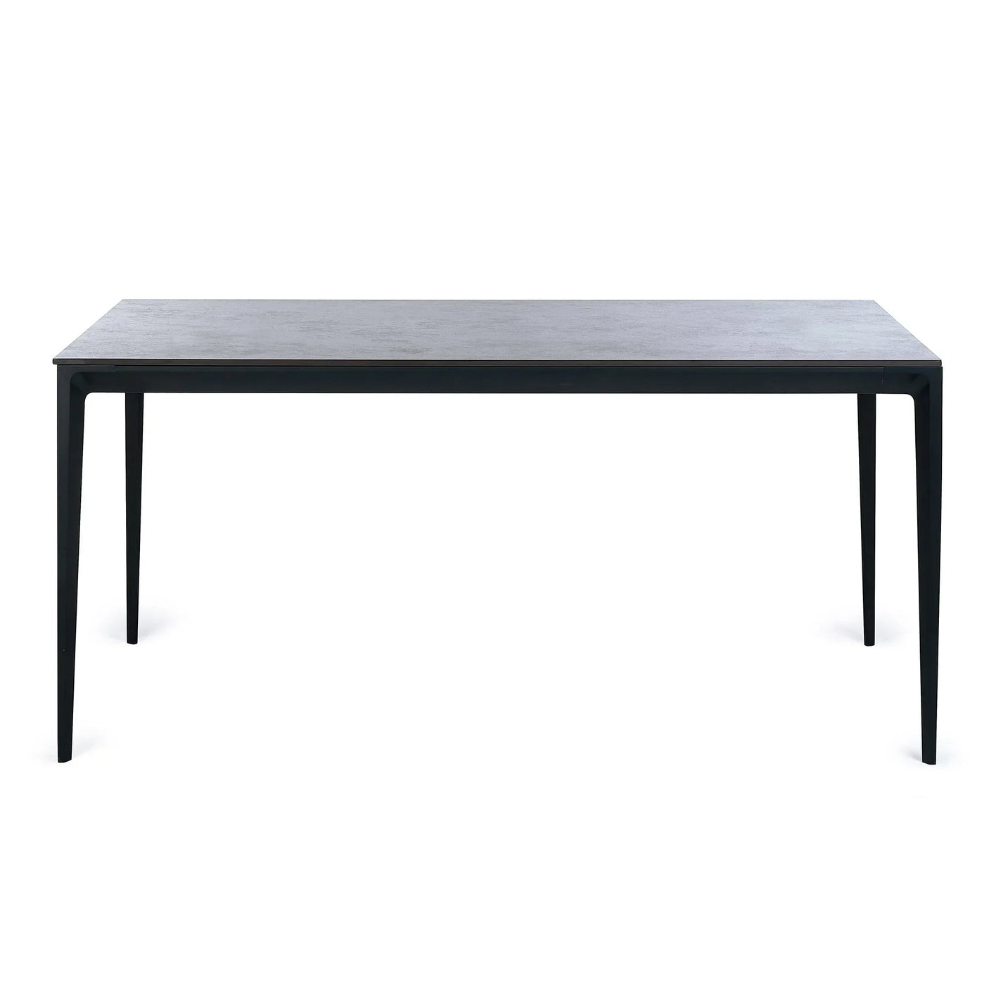 Rectangular stone top dining table with slim black legs on white background