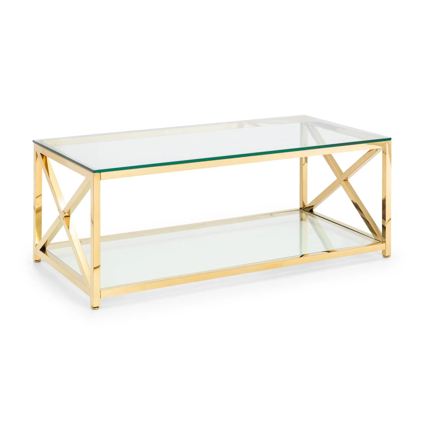 Glass coffee table with gold metal frame and lower shelf against white background