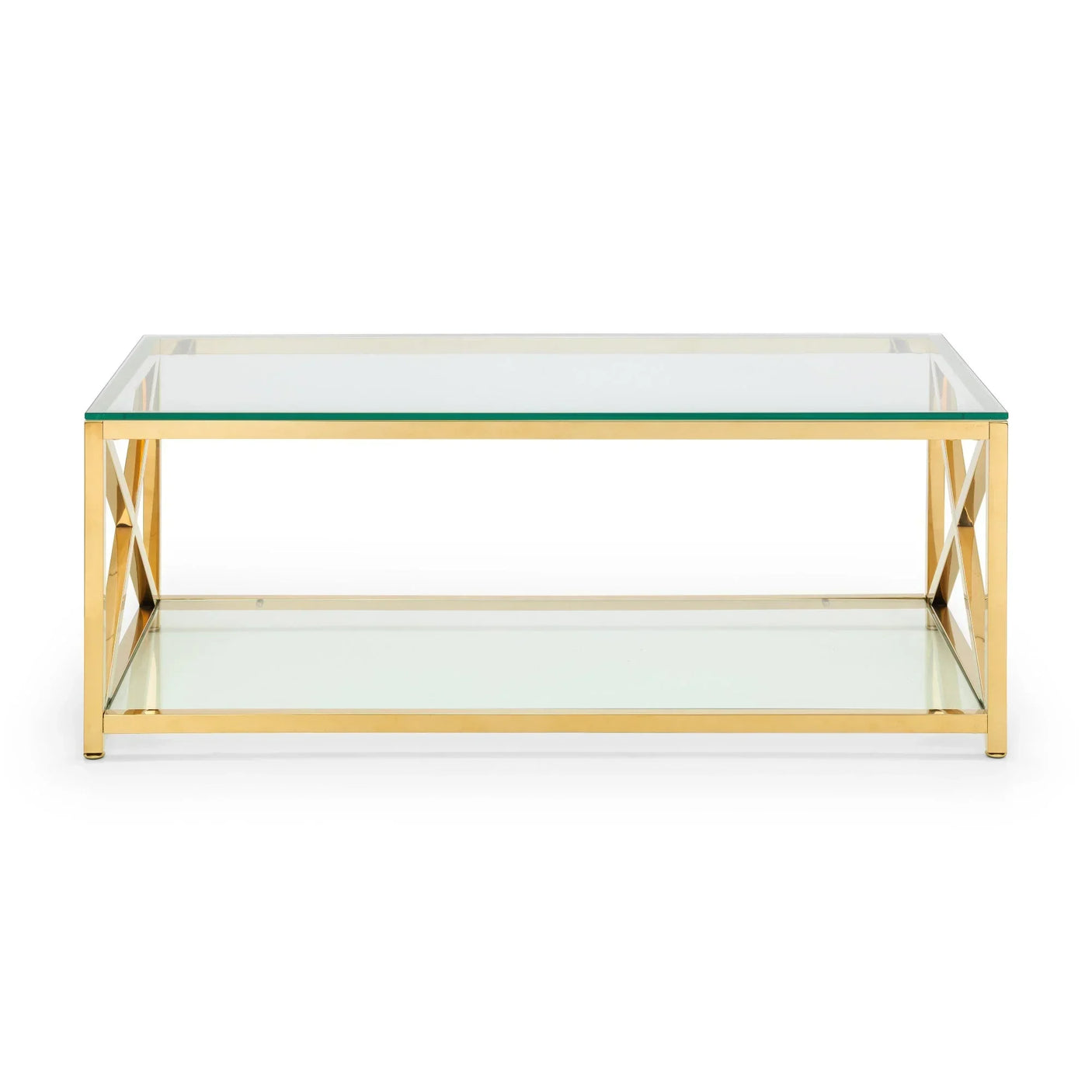 Glass coffee table with gold metal frame and lower glass shelf, front view