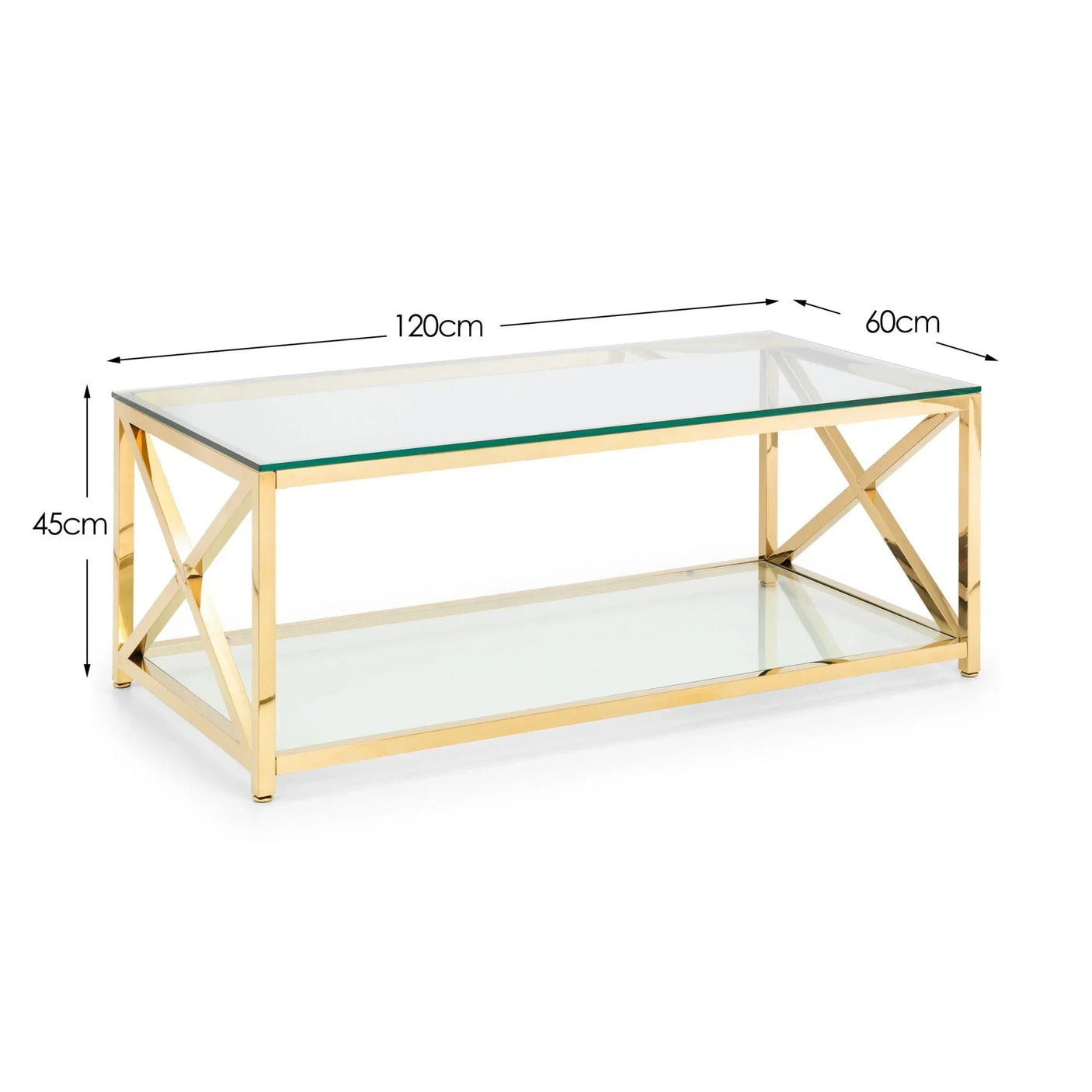 Glass coffee table with gold metal frame and lower shelf, dimensions 120cm x 60cm x 45cm