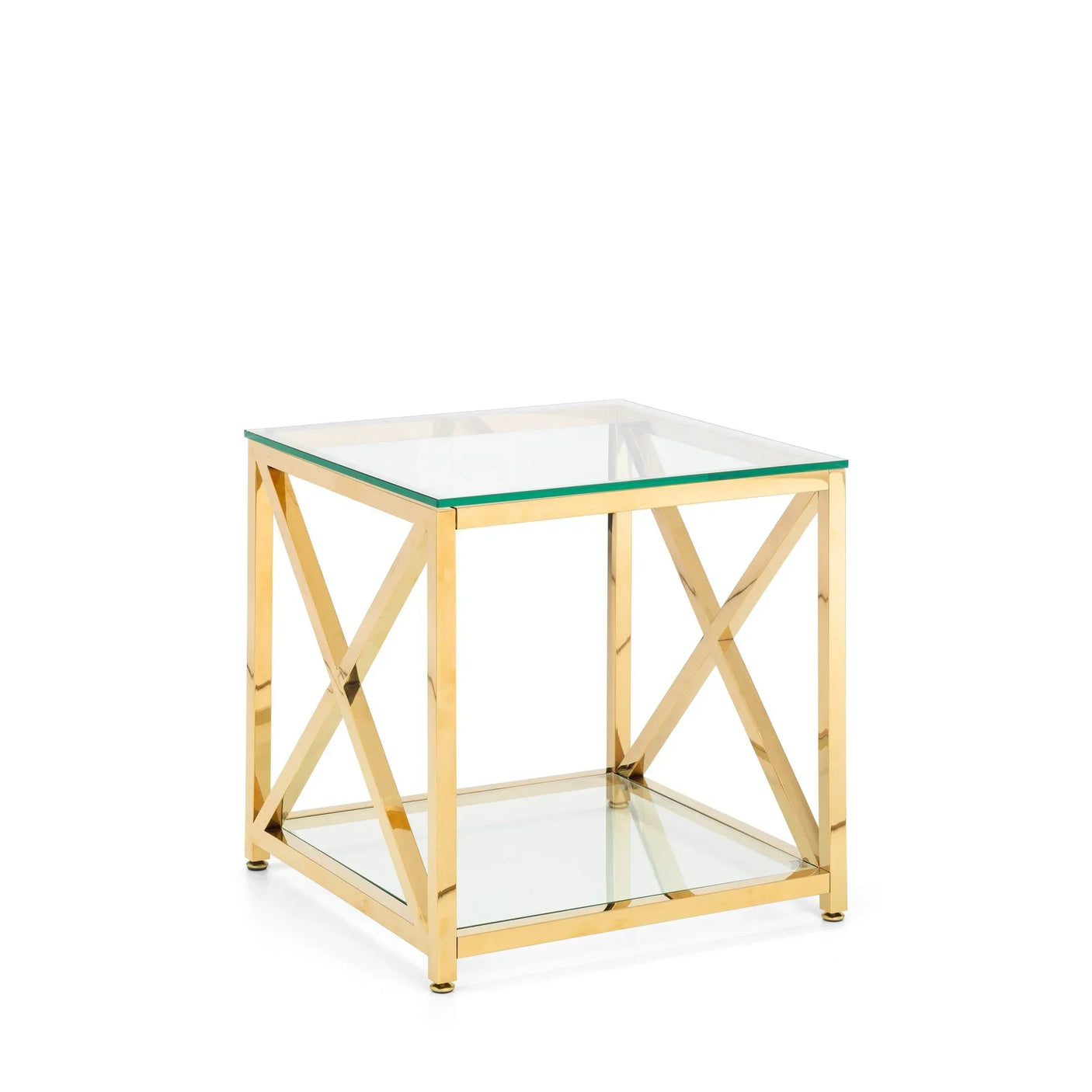Gold metal and glass side table with clear top and lower shelf, modern X-frame design