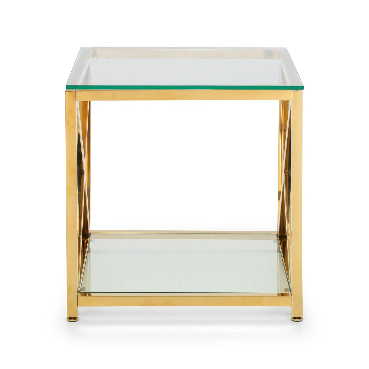 Glass top side table with gold metal frame and lower glass shelf, front view