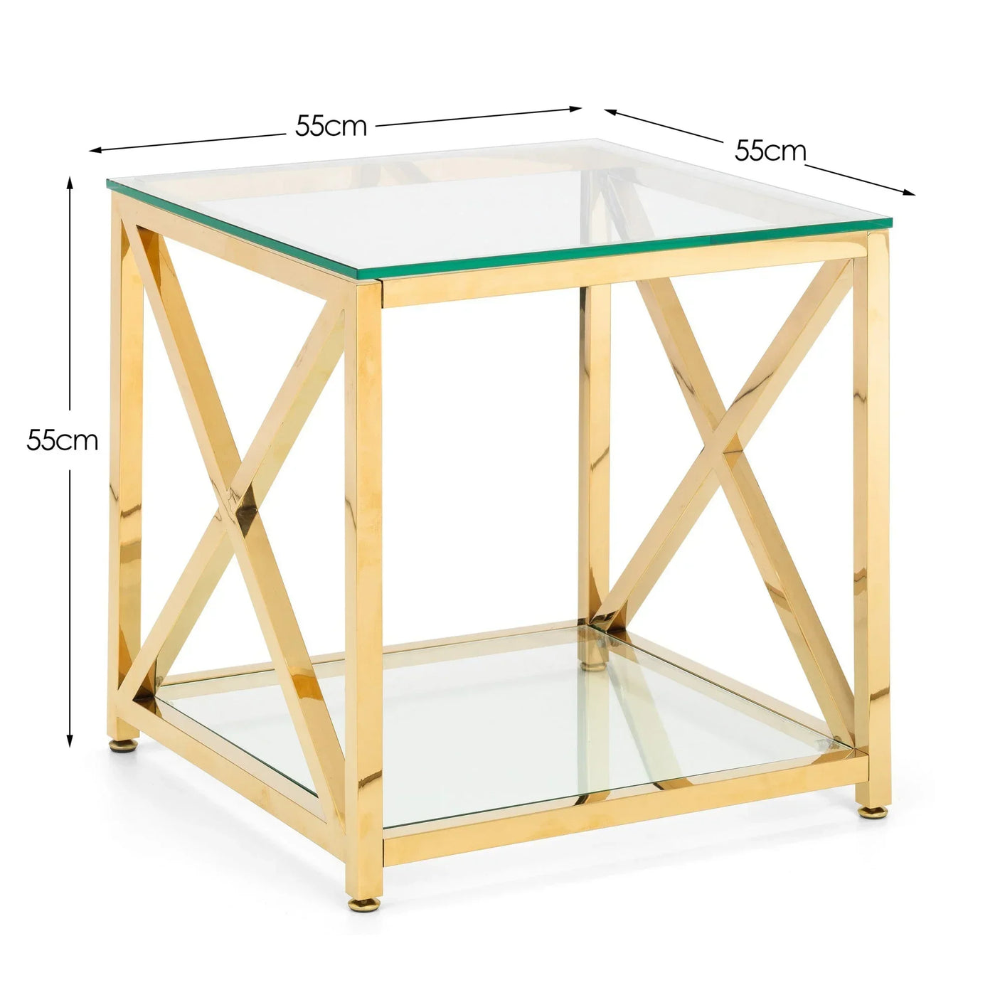 Gold frame glass side table with lower shelf and square design, 55cm width and height