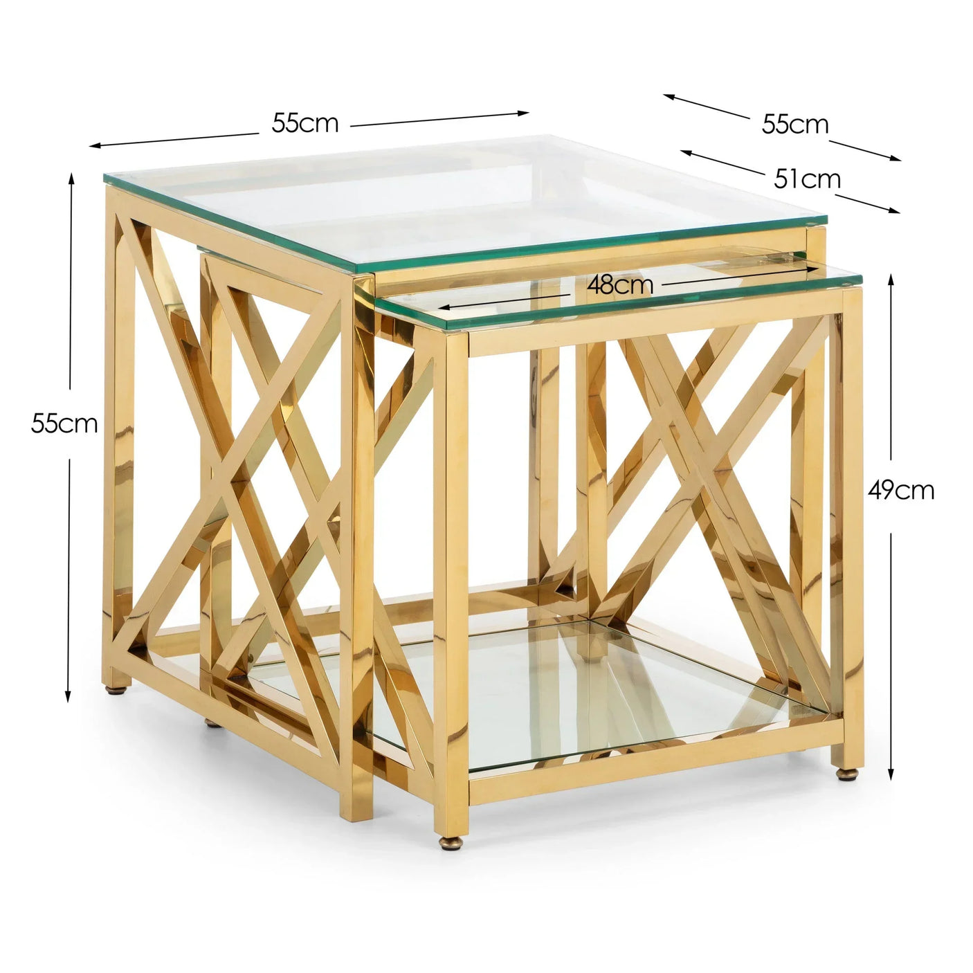 Gold metal and glass nesting tables set with geometric frame and measurements shown