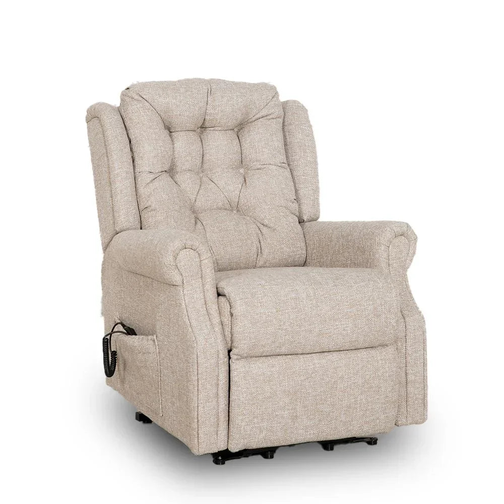 Beige fabric recliner chair with button-tufted backrest and remote control side pocket