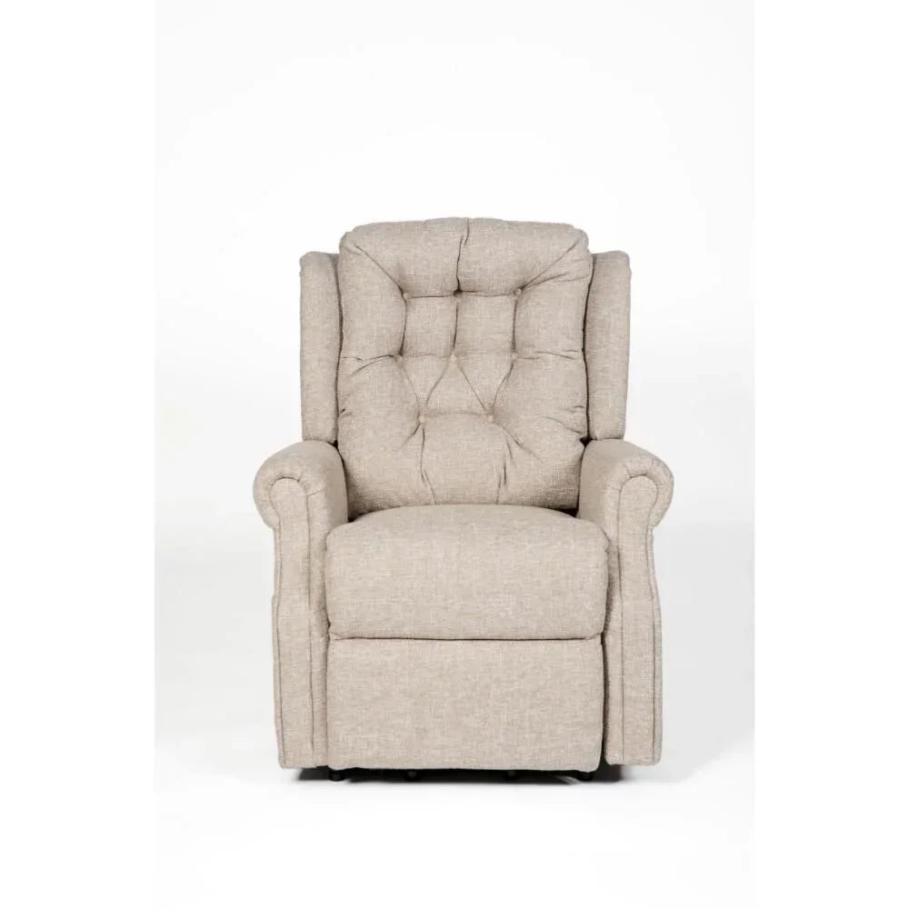 Beige fabric recliner chair with button-tufted backrest and rolled arms, front view