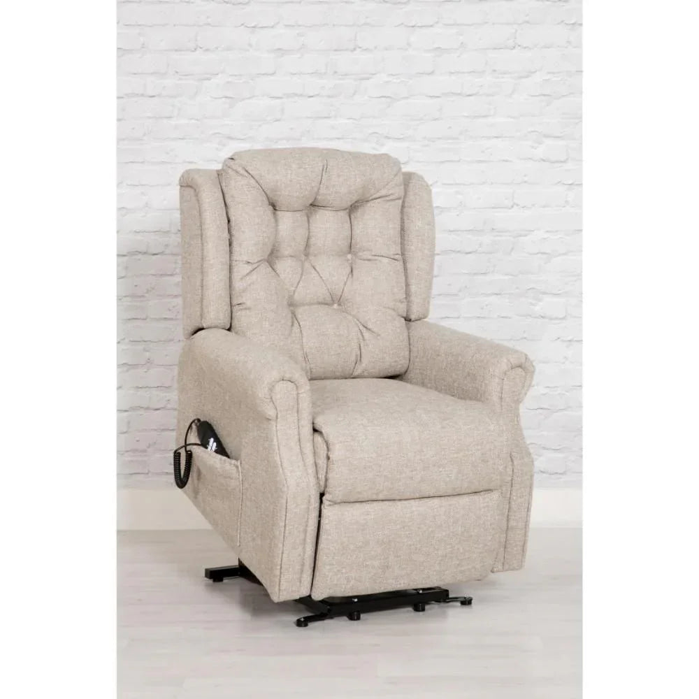 Beige fabric recliner chair with tufted backrest and remote control on light wood floor
