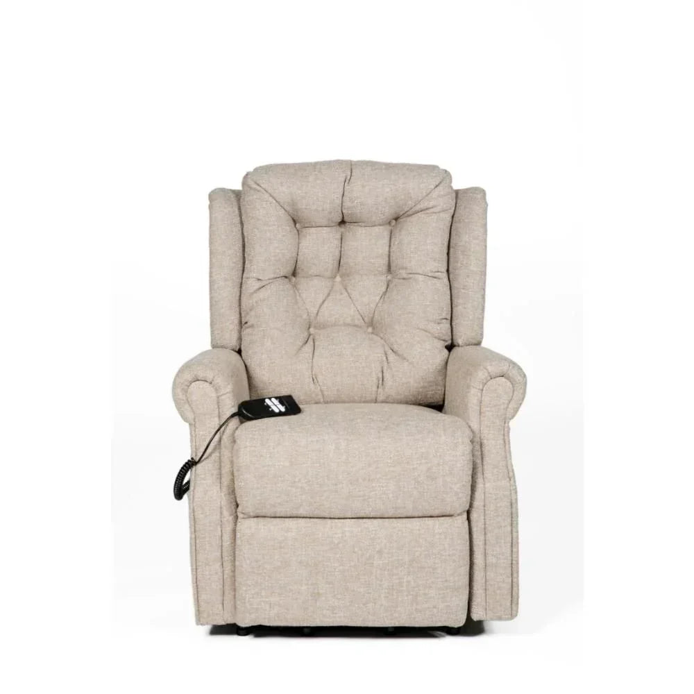 Beige fabric recliner chair with tufted backrest and remote on armrest, front view