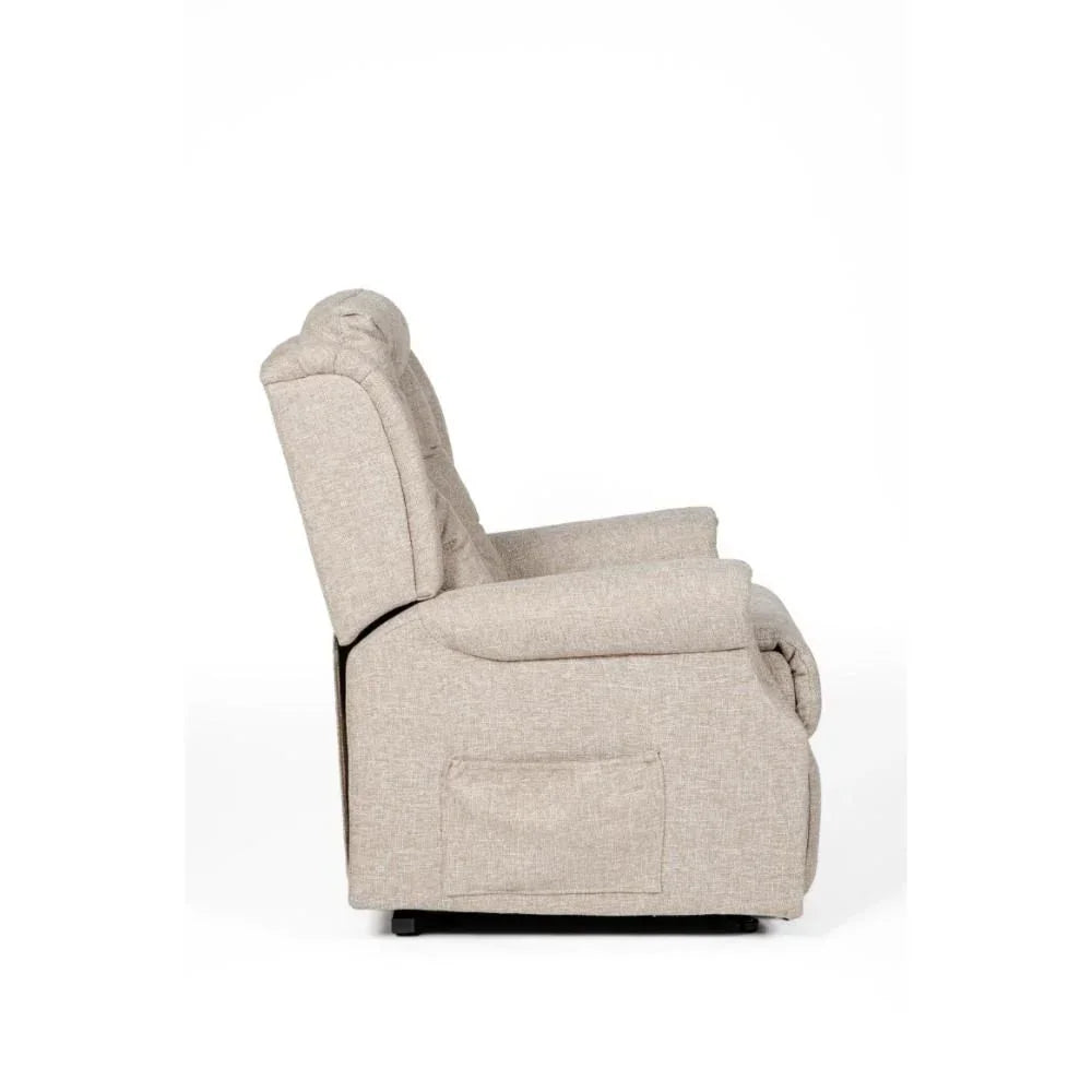Side view of beige fabric recliner chair with padded armrests and side pocket