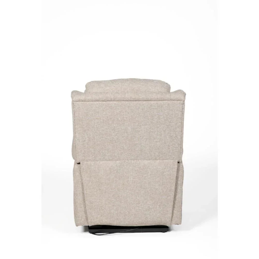 Beige fabric recliner chair rear view with headrest and footrest mechanism visible