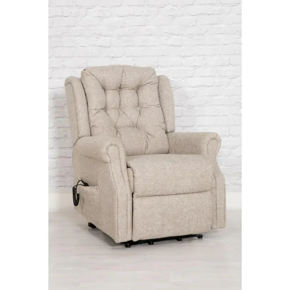 Beige fabric recliner chair with tufted backrest and side control panel on light wood floor