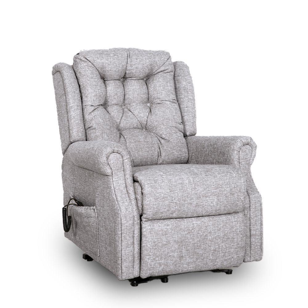 Light grey fabric reclining armchair with padded backrest and side pocket on white background