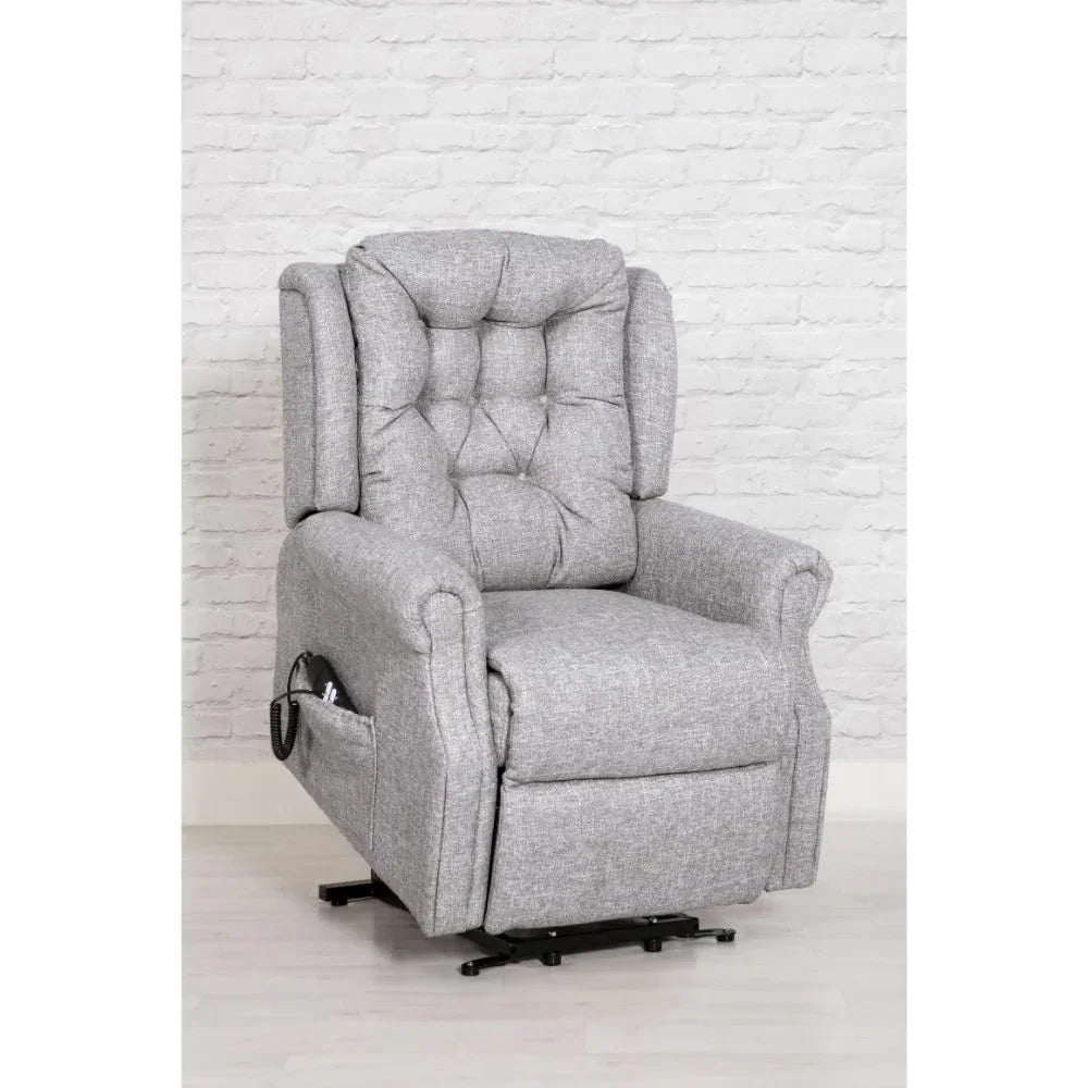 Light grey fabric recliner chair with button tufted backrest and side pocket