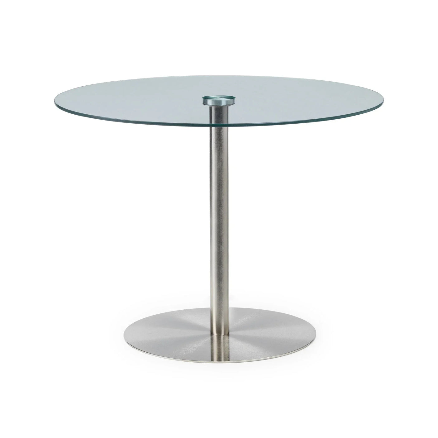 Round glass dining table with stainless steel pedestal base