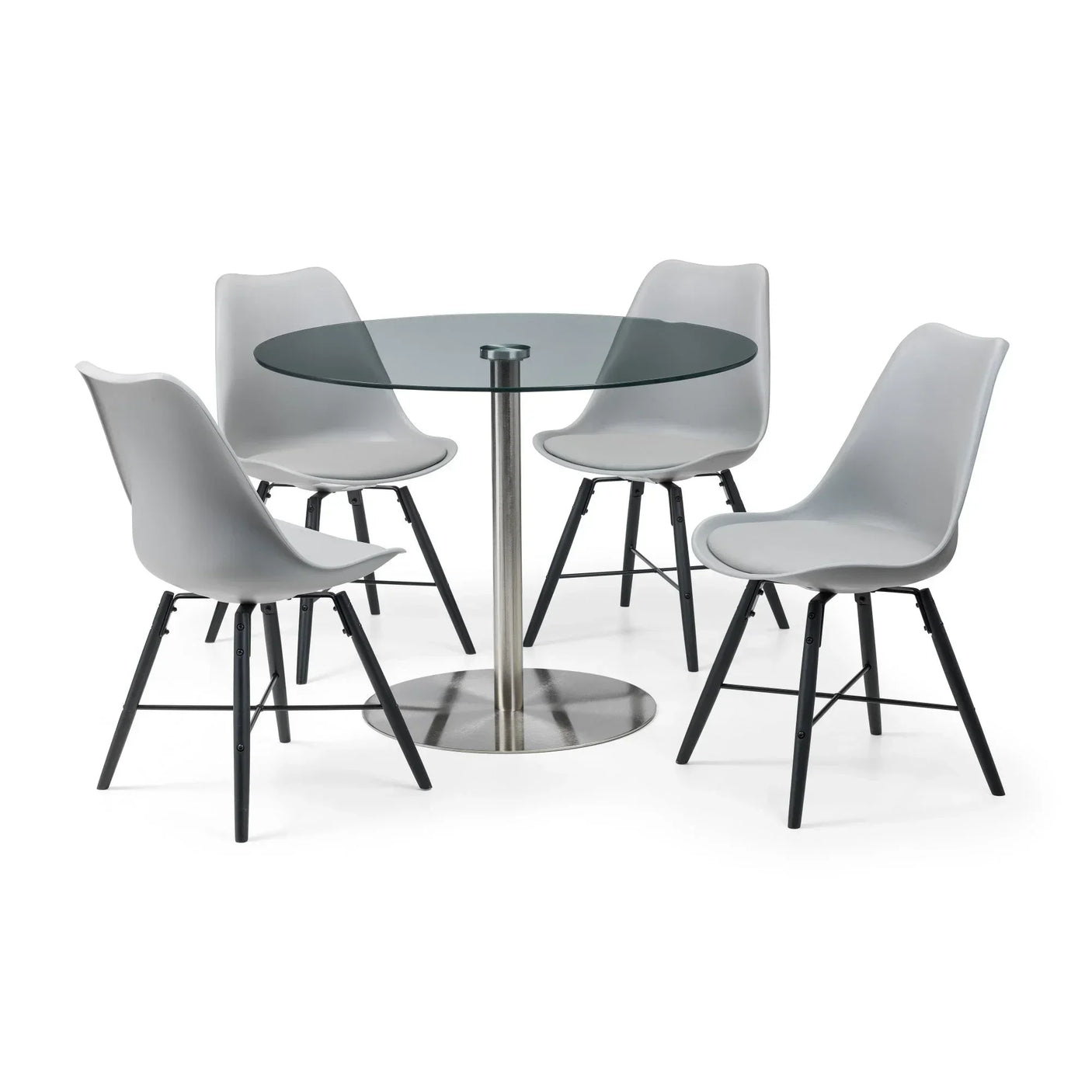Round glass dining table with metal base and four grey modern chairs