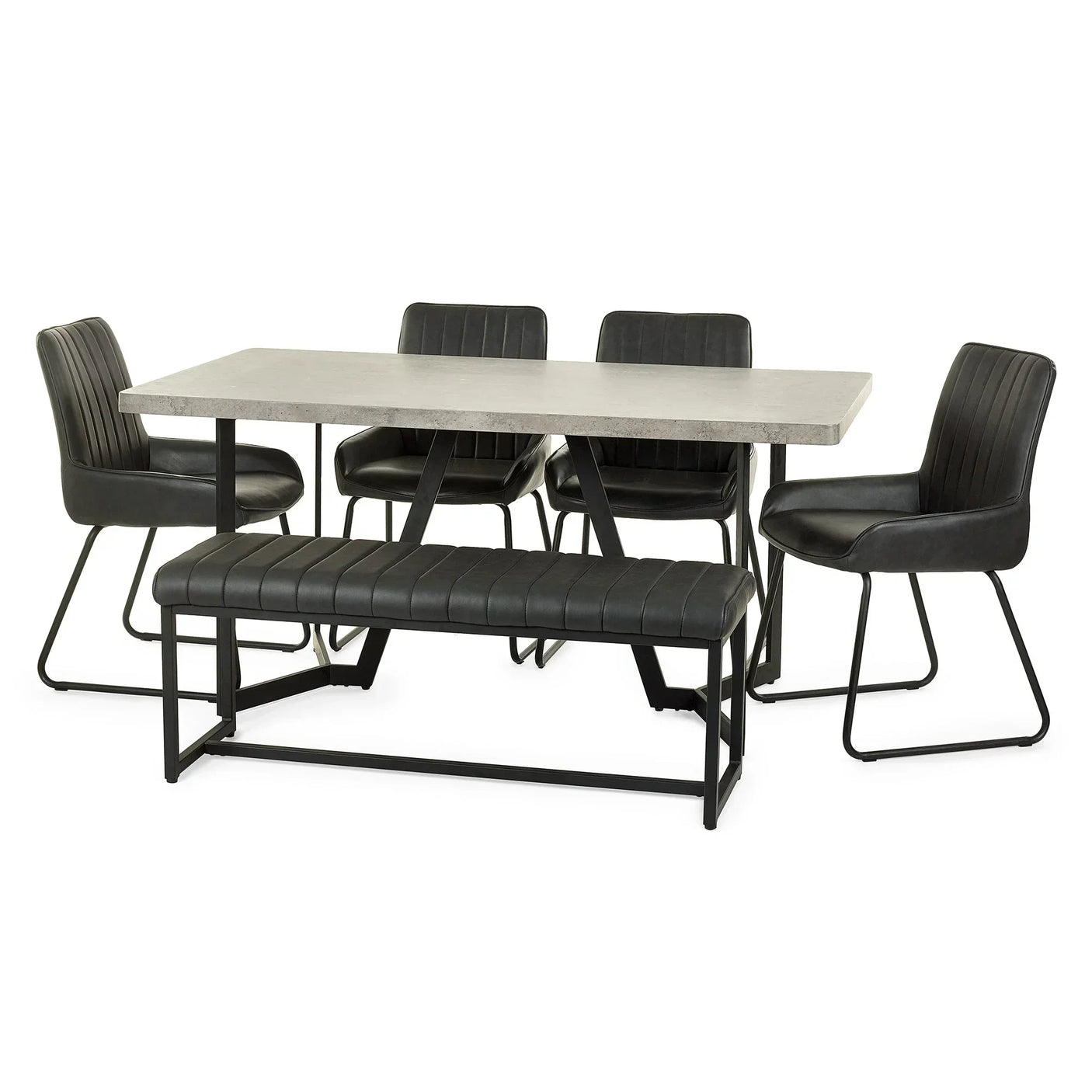 Concrete dining table with four black chairs and matching bench, metal frames, front view