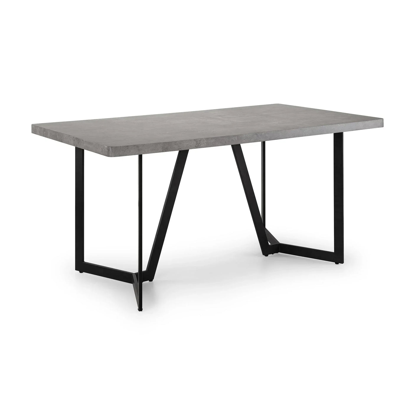 Concrete effect dining table with black metal legs and rectangular top on white background