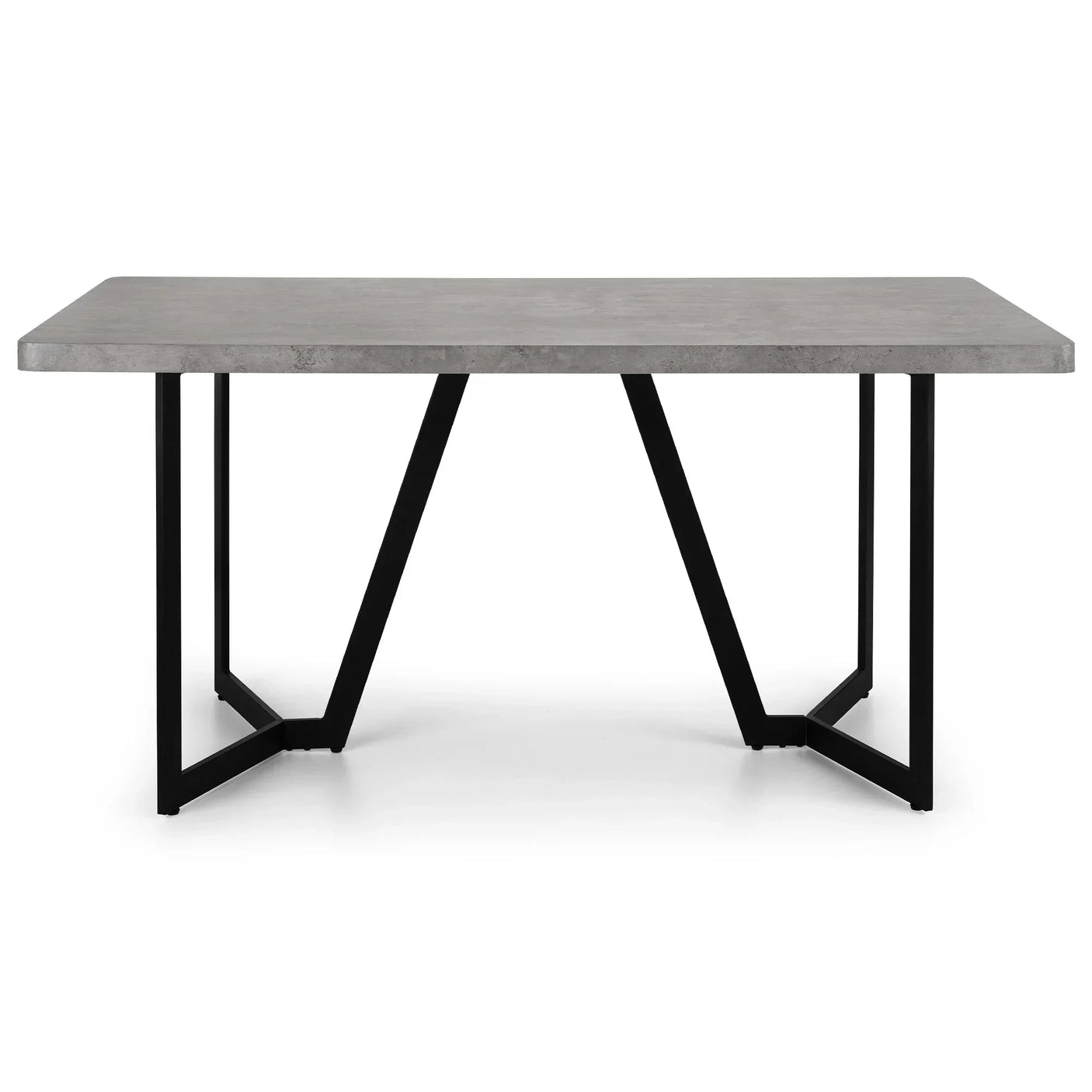 Rectangular concrete effect dining table with black metal legs, front view