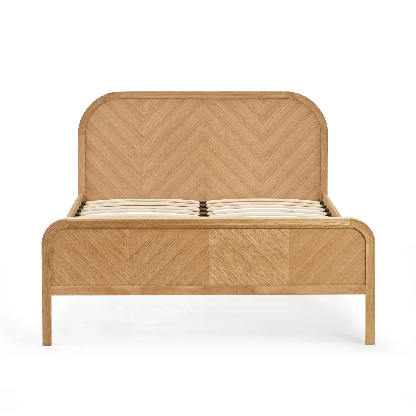 Oak bed frame with chevron pattern headboard and footboard, viewed from the front