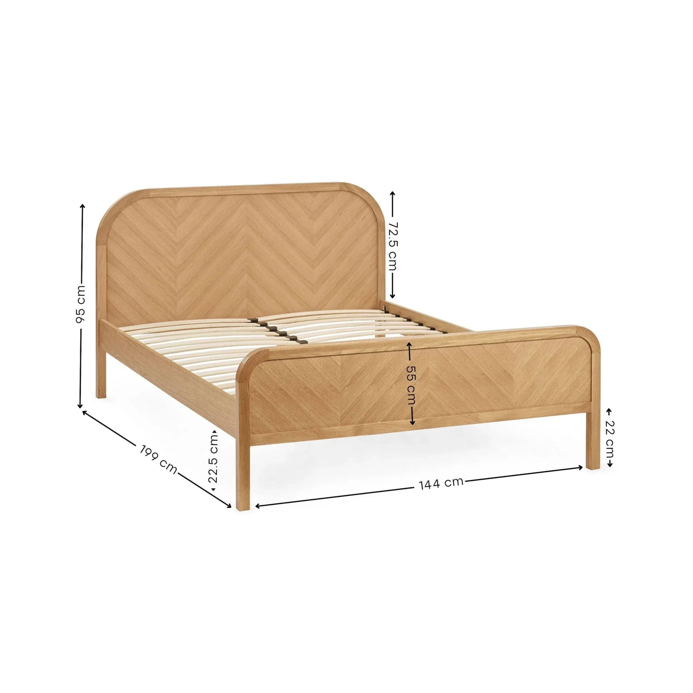 Oak double bed frame with chevron detail, slatted base and visible measurements