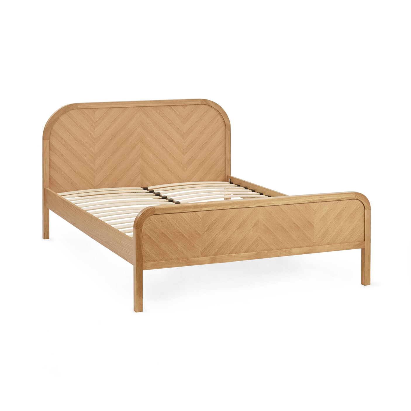 Light oak bed frame with rounded chevron headboard, three-quarter angle view