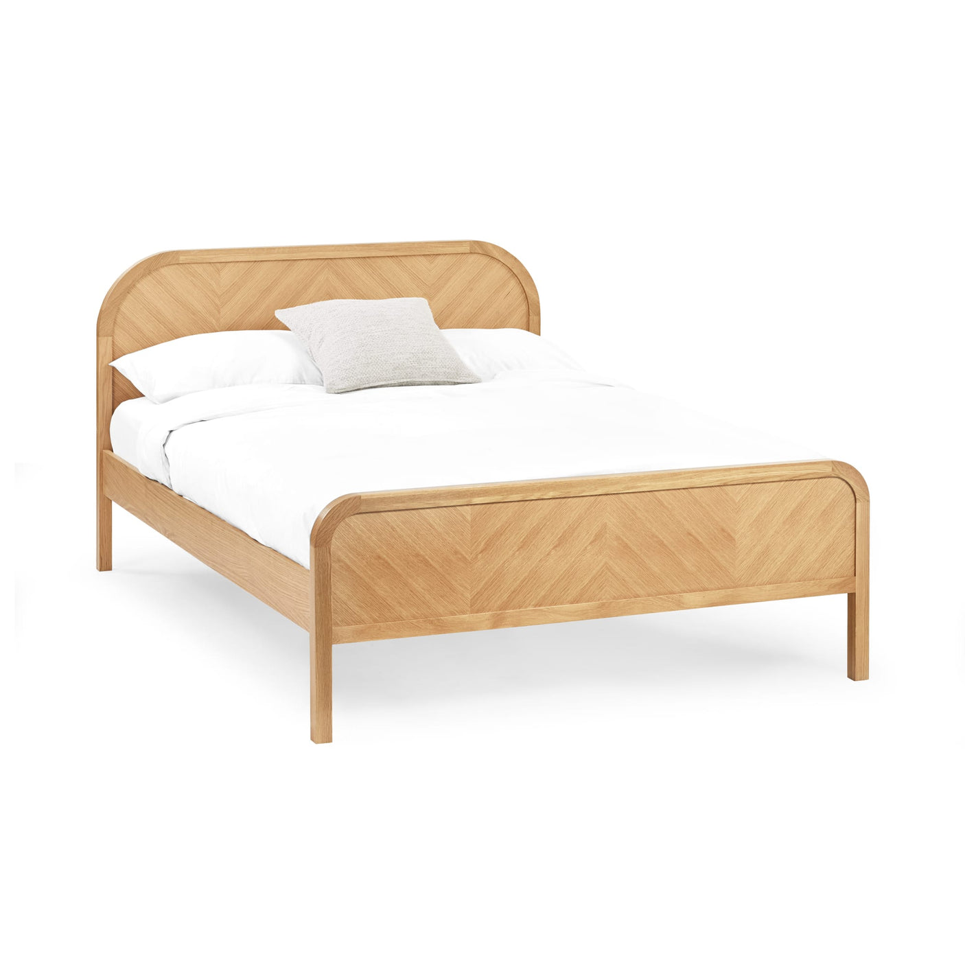 Light oak chevron bed frame with white bedding, front angled view