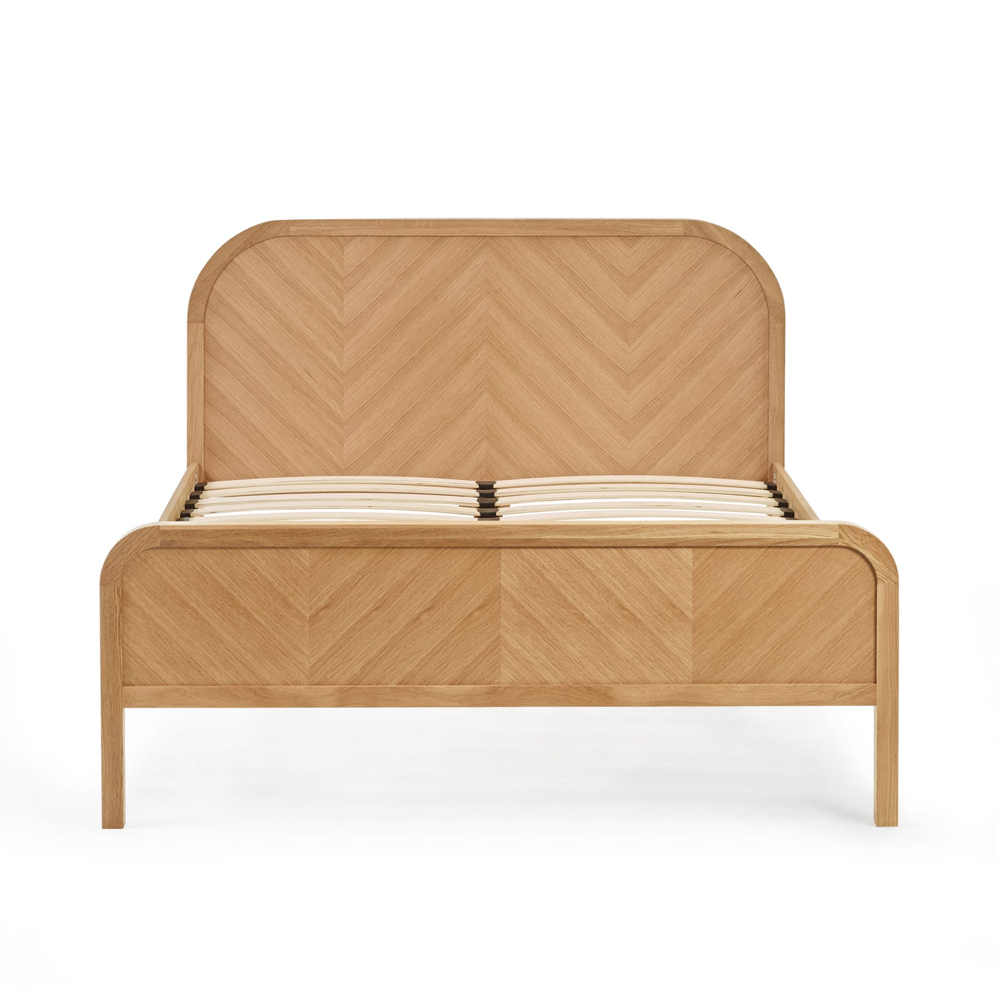 Light oak chevron panel bed frame, straight-on front view
