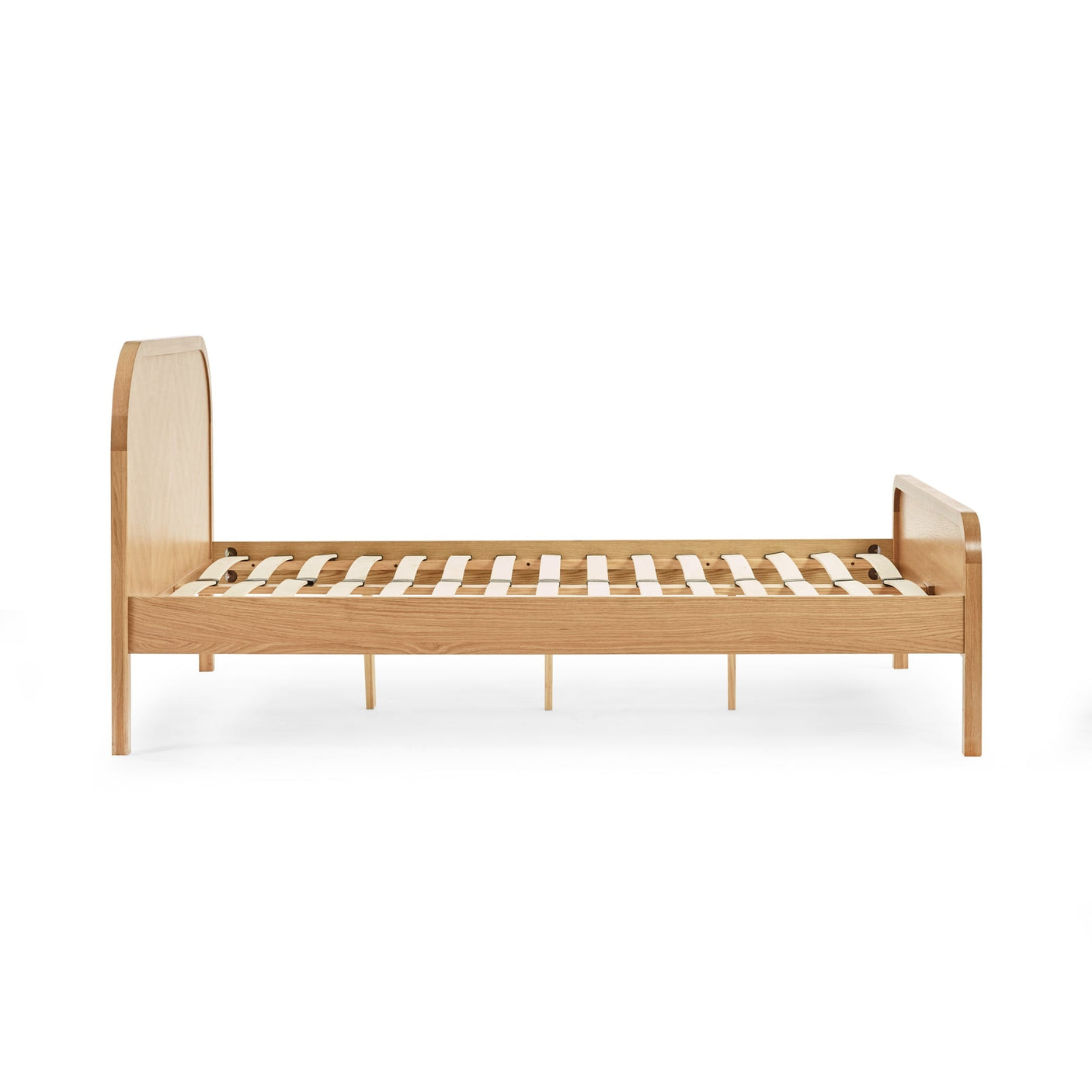 Light oak bed frame with rounded headboard, side view showing slatted base