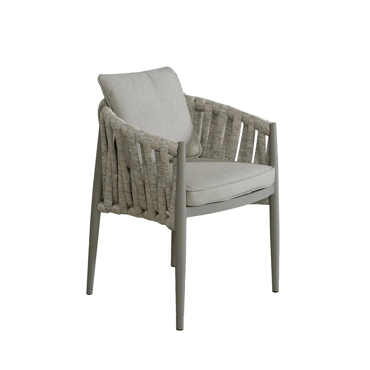 Grey dining chair with padded seat, woven rope sides, and angled legs on white background