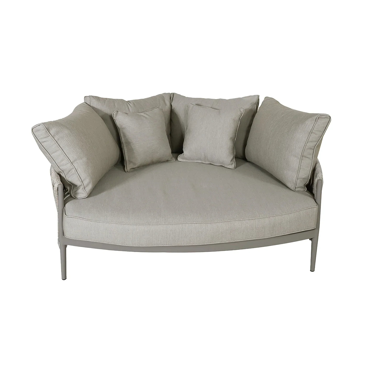 Light grey fabric sofa loveseat with curved back and four matching cushions, front view