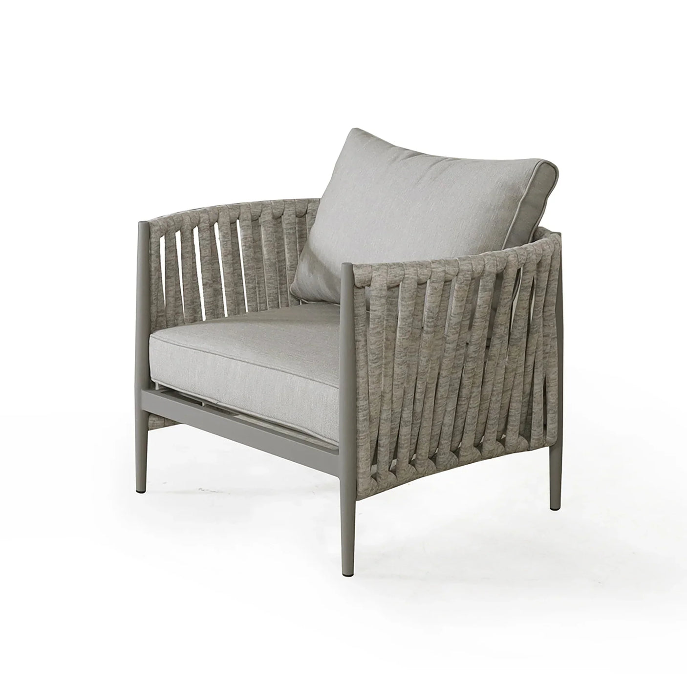 Grey rope accent armchair with cushions and metal frame, angled side view