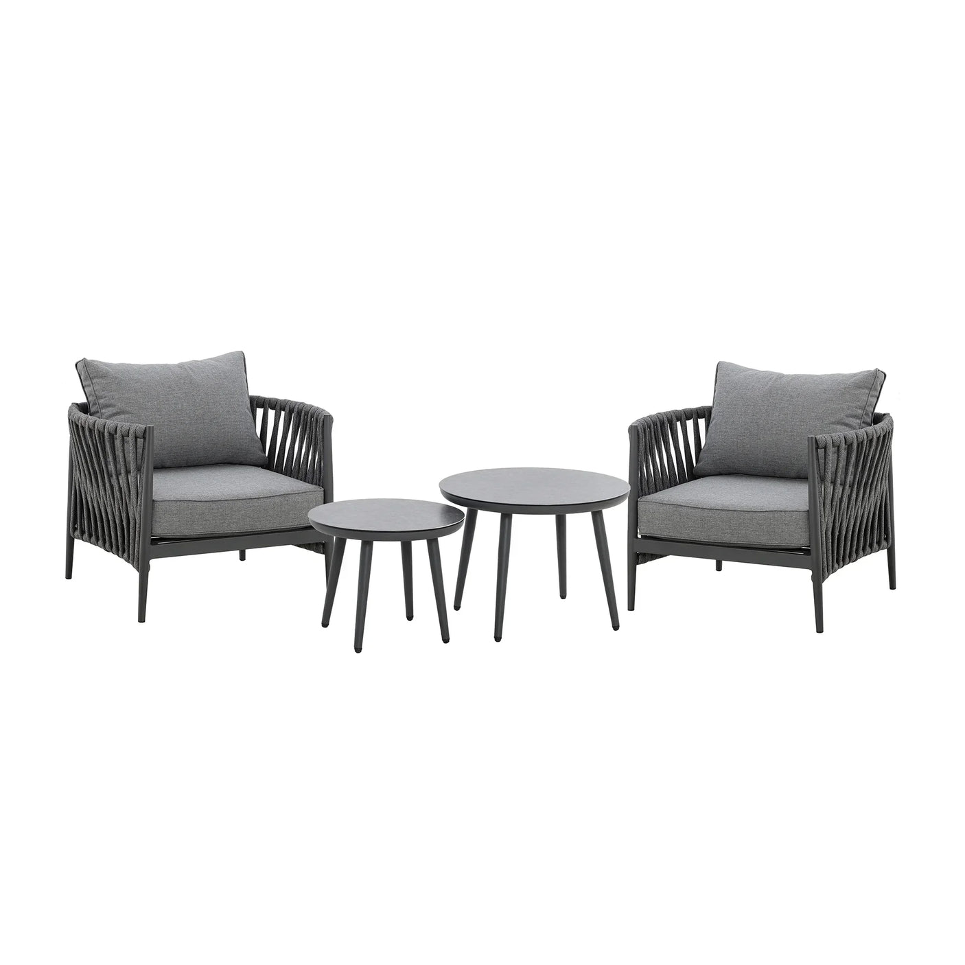 Grey rope armchair garden set with two round tables and cushions on white background
