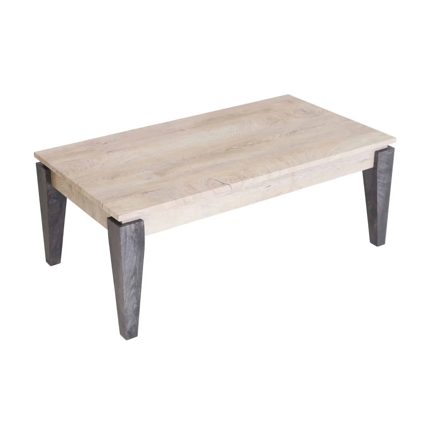 Rectangular wooden coffee table with light oak top and contrasting dark angled legs